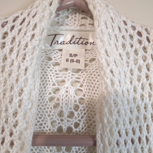 Tradition small 6/8 white eyelet lace knit boho waterfall cardigan - Picture 4 of 8